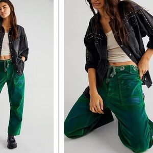 We The Free People Flocked Moxie Barrel Jeans Green